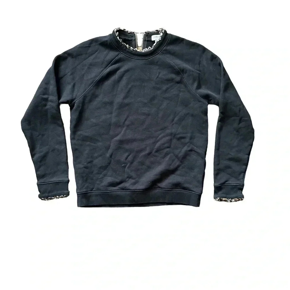J. Crew Black sweatshirt with leopard trim on neckline and cuffs Womens XS EUC